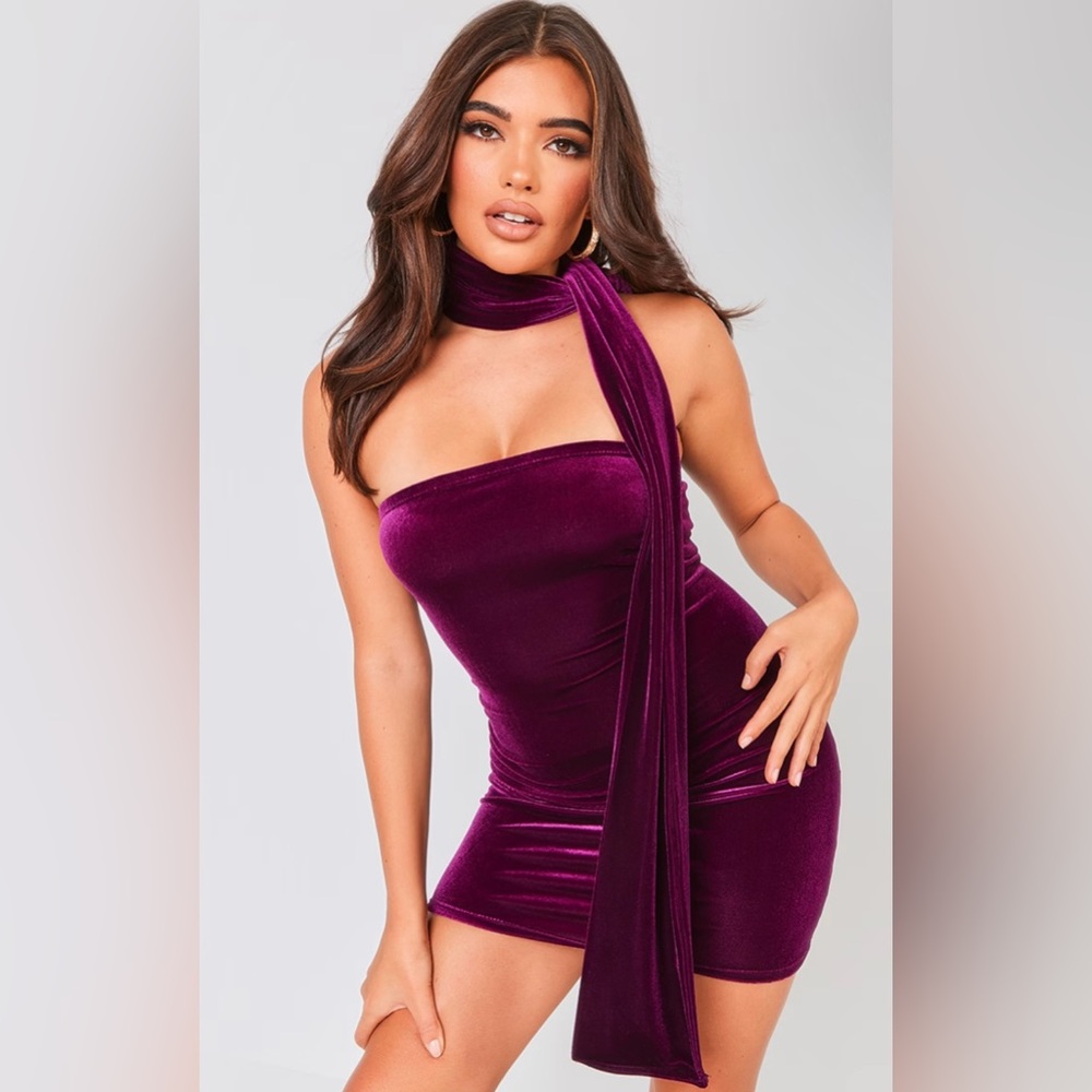 Women’s Velvet Mini Dress with Neck Tie